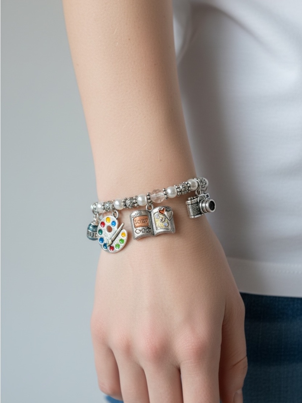 9/12 Silver Art Charm Bracelet with Multicolor Palette Bead